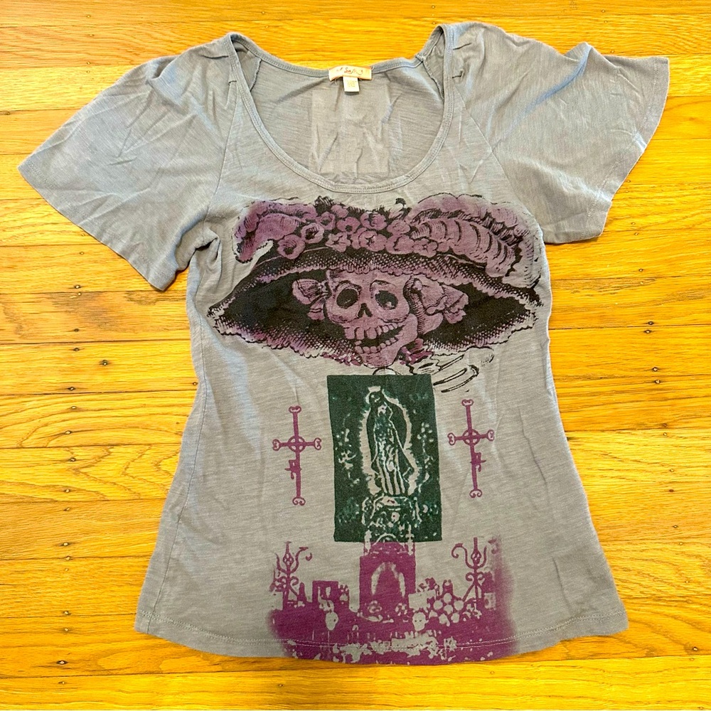 Dia De Los Muertos Skull Scoopneck Flutter Sleeve Grey Top Size Small